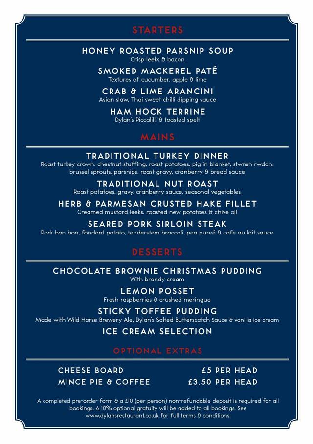 Dylan's Restaurant Dylan's Christmas Menu 2022 Book Now!